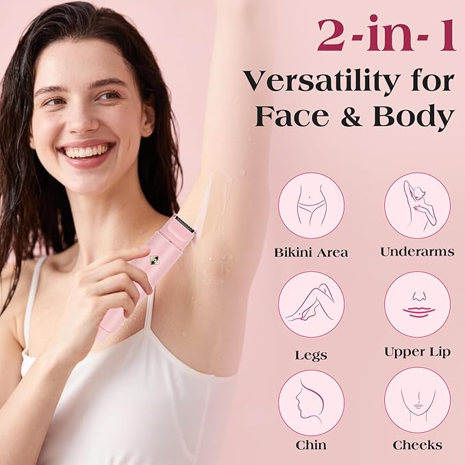Electric Shaver & Bikini Trimmer for Women – 2-in-1 Design, Waterproof, Type-C Charging, Gentle on Sensitive Skin, Ideal for Travel and Daily Use, Pink-BrightBean Baby