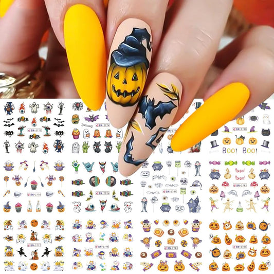 Halloween Nail Stickers 12 Sheets Pumpkin Halloween Nail Art Supplies Decorations Water Transfer Nail Decals Cute Ghost Witch Bat Skeleton Spider Design Watermark Slider Nail Foils for Women DIY-BrightBean Baby
