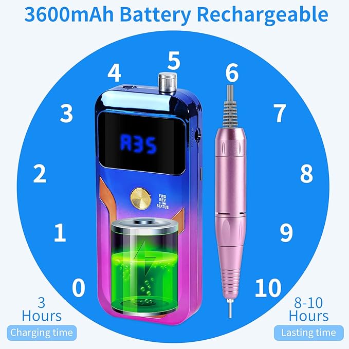 Portable Nail Drill Professional 35000 RPM, MOCOWIND Rechargeable Electric Nail File Machine for Acrylic Nails Gel Polishing Removing, Cordless E-File with Bits for Manicure Salon Home, Blue & Purple-BrightBean Baby