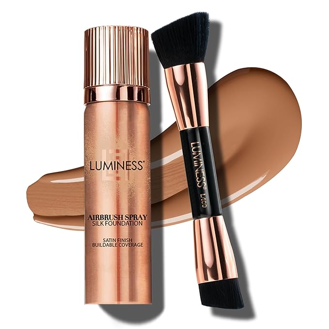 LUMINESS Silk Airbrush Spray Foundation & Buffing Brush Kit – Full Coverage Foundation & Dual-Sided Buffing Brush - Buildable Coverage, Anti-Aging Formula Hydrates & Moisturizes (Shade - Light Tan)-BrightBean Baby