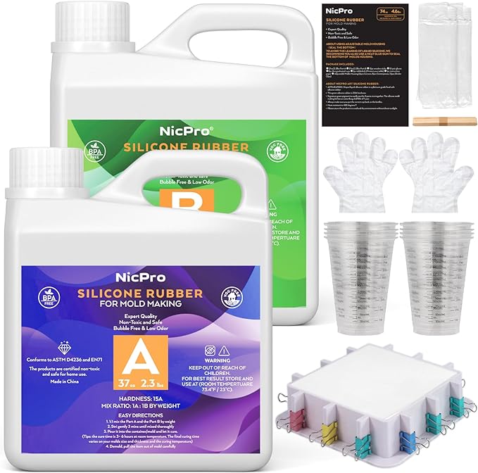 Nicpro 74oz Silicone Mold Making Kit, 15A Platinum Liquid Silicone Rubber, Jade Green Flexible, Silicone Molds Maker Mix Ratio 1:1 for Casting 3D Resins Molds DIY with Molds Housing, Mixing Cups
