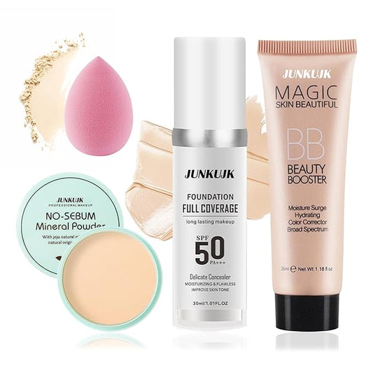 Color Changing Foundation Set,Full Coverage Foundation Liquid Foundation Makeup Gift Set,Moisturizing BB Cream for Women,Flawless Loose Setting Powder Face Primer Base Makeup Kit With Makeup Sponge-BrightBean Baby