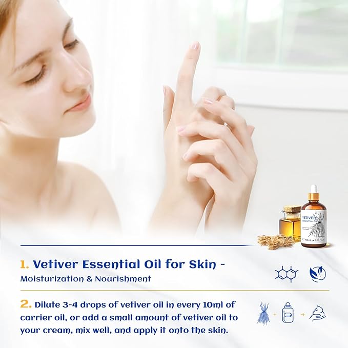 HIQILI 100ML Vetiver Essential Oil, 100% Pure Natural for Diffuser Calm and Relation- 3.38 Fl Oz-BrightBean Baby