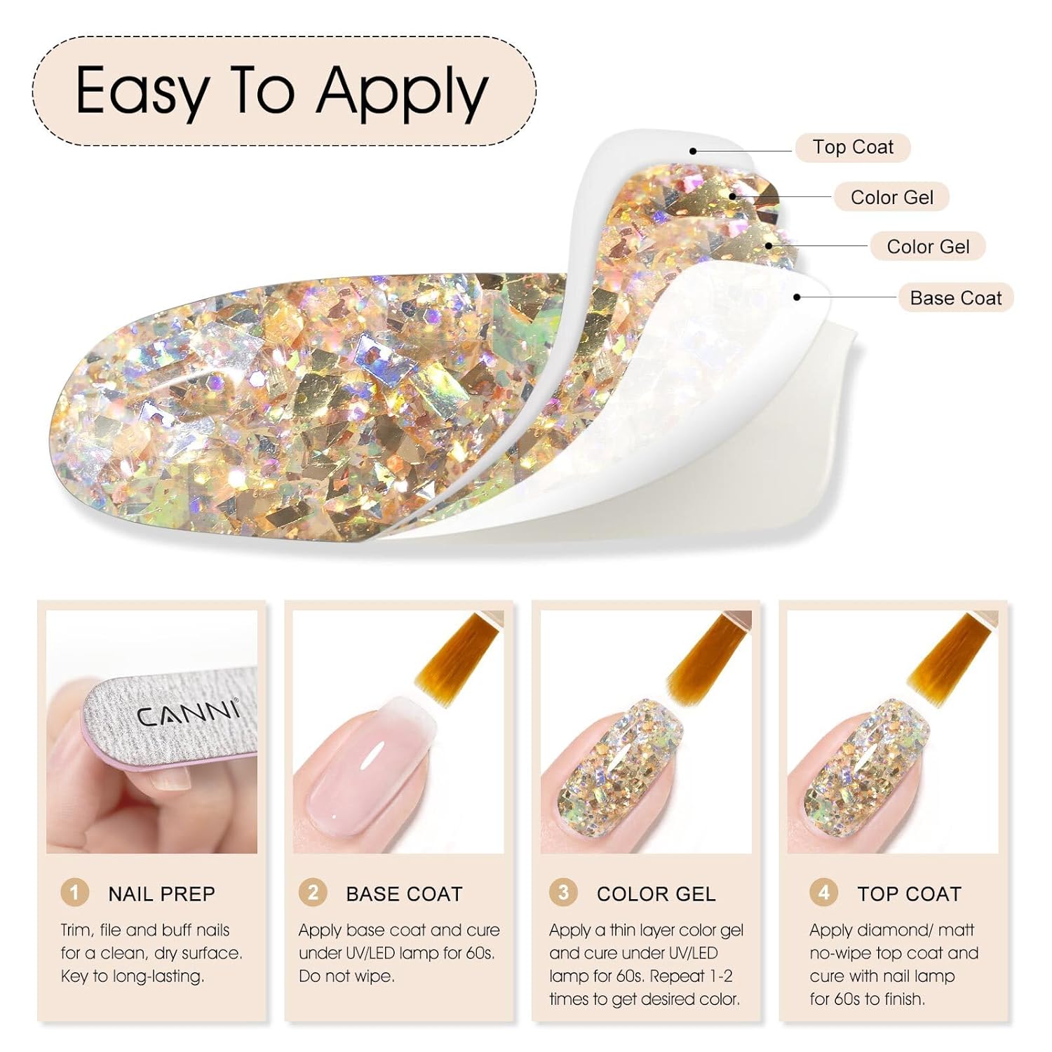 CANNI Glitter Gel Nail Polish – 9ML Broken Gold Prism Flash Gel Polish, Holographic Gold, Soak Off UV LED Nail Art Salon & DIY Manicure at Home-BrightBean Baby