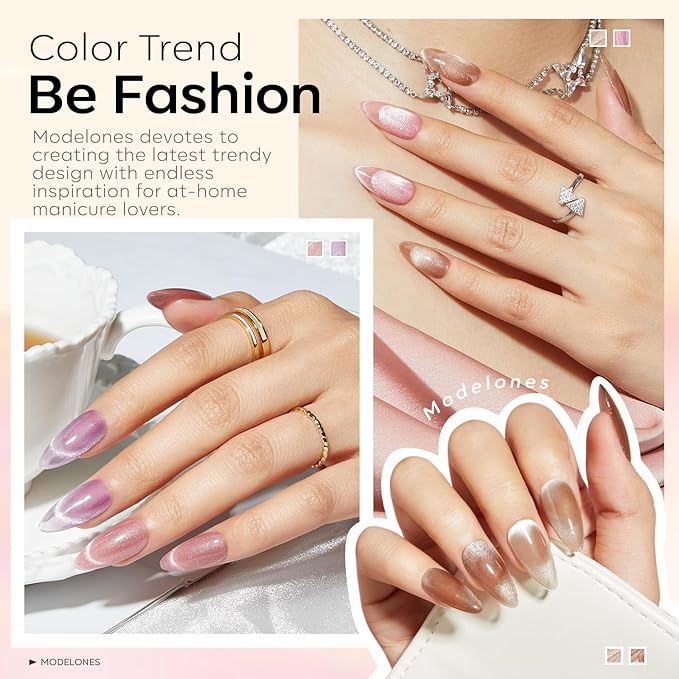 modelones Cat Eye Gel Nail Polish 6 Colors Nude Pink Brown Purple Cat Eye Nail Polish Glitter Semi-transparent Holographic 9D With Magnet Pastel All Seasons Soak Off Led Nail Art DIY Salon Gifts-BrightBean Baby