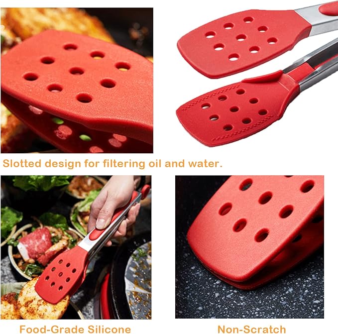9 Inch Kitchen Tongs, Cooking Tongs with Slotted Silicone Tips and Stainless Steel Handle, Non Stick Heat Resistant Tongs for Cooking, Buffet, Salad Serving (9", Red)