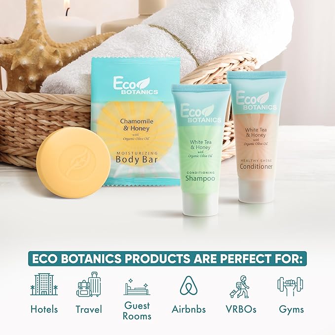 Eco Botanics Hotel Soaps and Toiletries Bulk Set | 1-Shoppe All-In-Kit Amenities for Hotels & Airbnb | 0.85 oz Hotel Shampoo & Conditioner, 0.89 oz Bar Soap Travel Size | 150 Pieces-BrightBean Baby