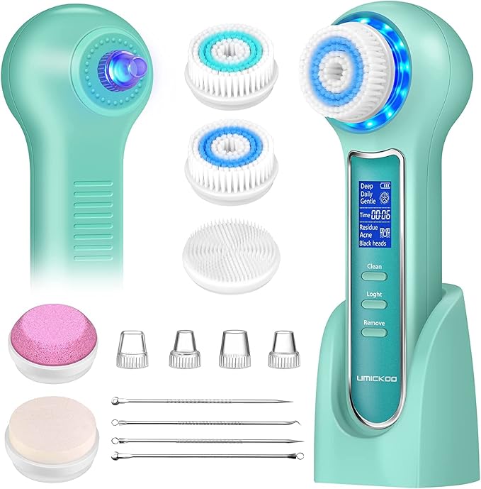 Face Scrubber Exfoliator,Facial Cleansing Brush Waterproof with LCD Screen,Blackhead Remover Vacuum with 5 Brush Heads,Face Spin Brush for Exfoliating, Massaging and Deep Pore Cleansing-BrightBean Baby