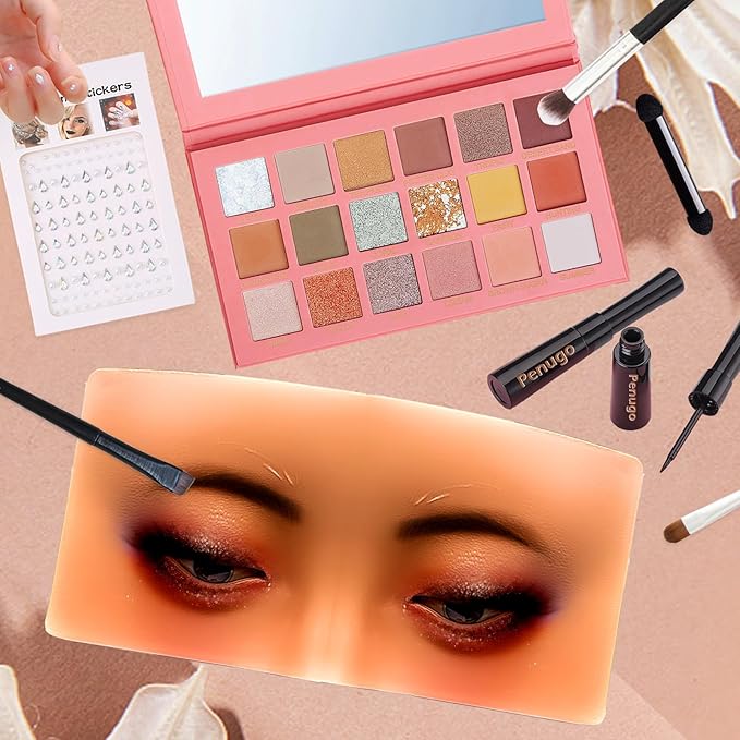 Mannequin Face for Makeup Practice, Makeup Practice Face Board with Makeup Brushes Rhinestones Sticker, Silicone Makeup Mannequin Face for Makeup Artist Supplies(Wheat colored)-BrightBean Baby