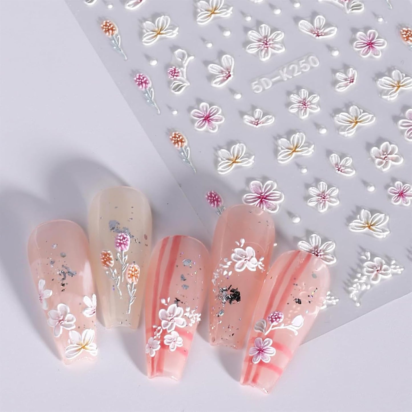 Pink Flower Nail Art Stickers Decals 5D Embossed Nail Decals Spring Summer Nails Art Design Self-Adhesive Supplies Accessories 3D Flower Stickers for Women Nails DIY Decoration-BrightBean Baby
