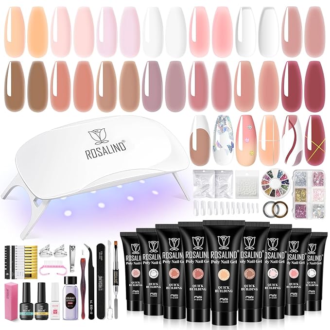 ROSALIND Poly Nail Gel Kit -14 Colors Nail Art Accessories kit Clear Nude Nail Extension Gel Starter with Slip Solution White Nude Pink Nail Extensions Gels Set with Mini UV Lamp-BrightBean Baby