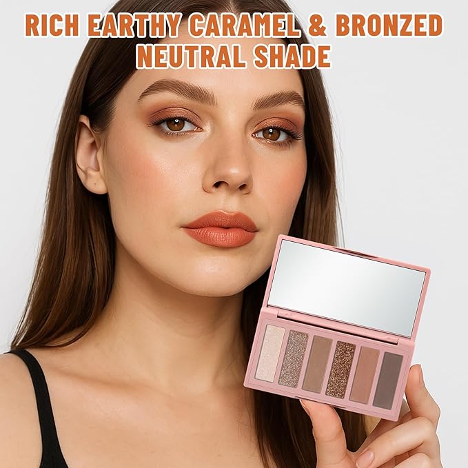 6 Colors Mini Naked Eyeshadow Makeup Palette Caramel & Bronzed Neutral Tone Eye Shadow Matte & Shimmer Nude Make Up Pallet with Mirror Blendable Highly Pigmented Travel Size Gift Kit 05-BrightBean Baby