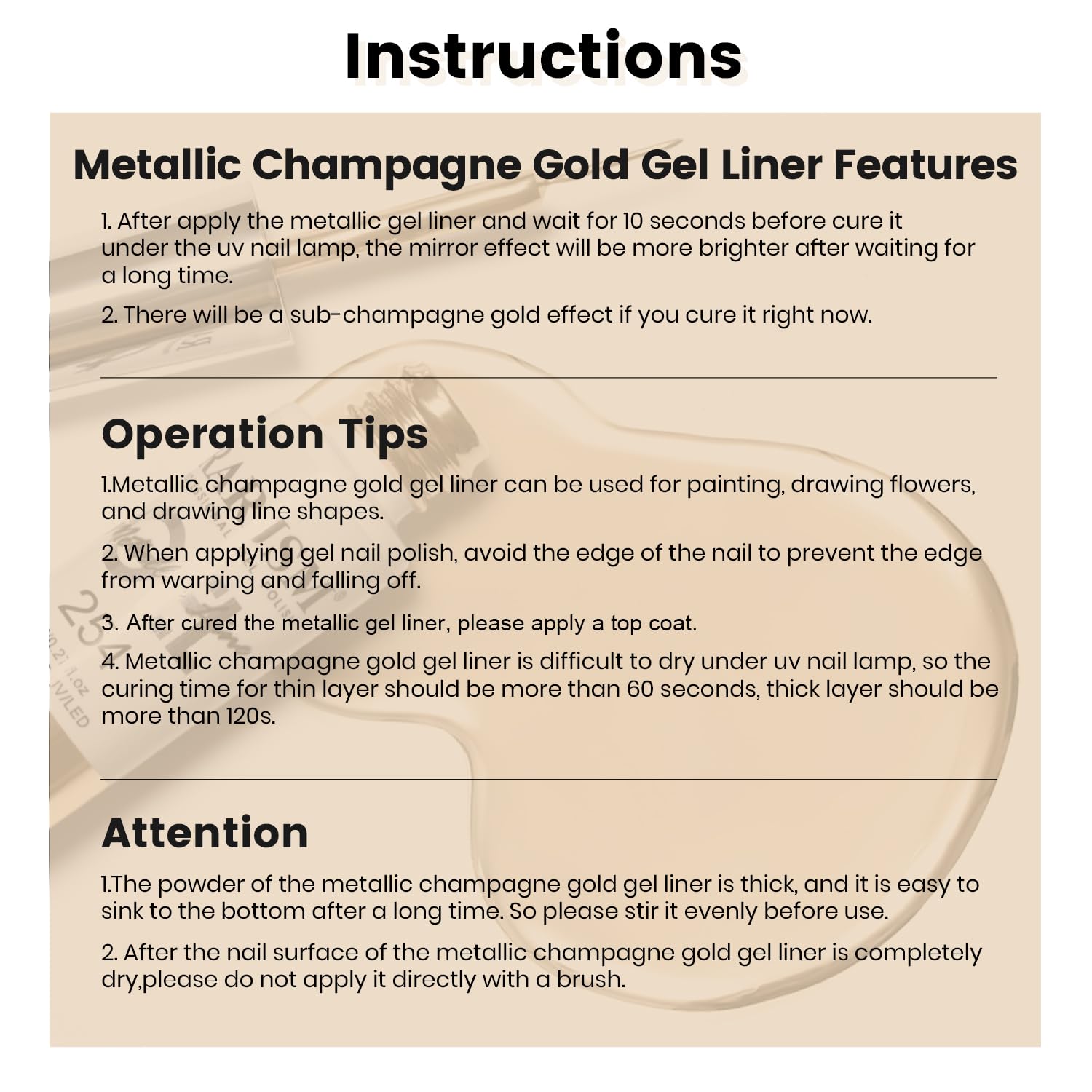 RARJSM Metallic Chrome Gel Liner Nail Art Champagne Gold 3D Mirror Effect Gel Nail Polish 8ml Build in Thin Brush Metal Painted Drawing Striper Painting GelPolish Soak off Curing Requires Home Salon-BrightBean Baby