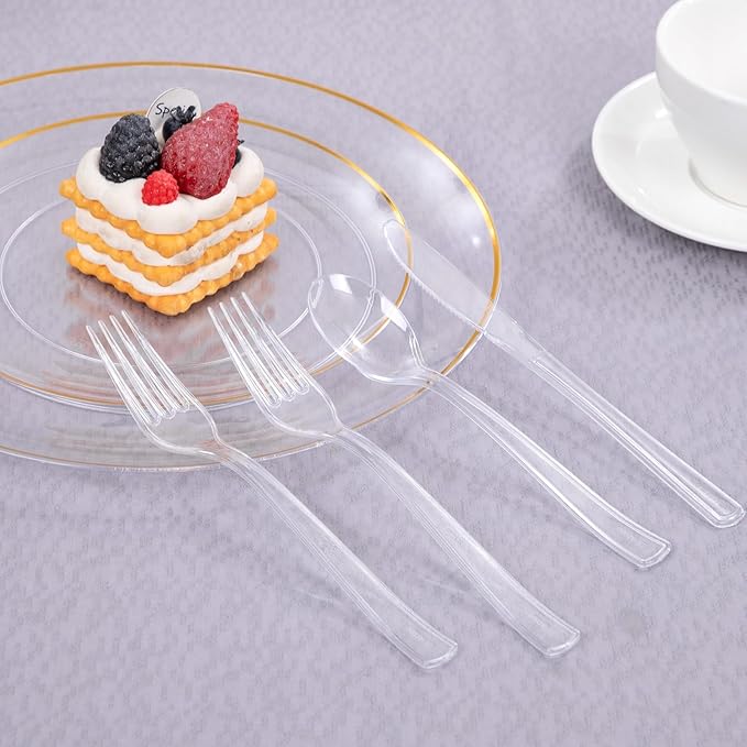 EI 360pcs Clear Plastic Silverware,Plastic Forks and Spoons,Plastic Silverware Heavy Duty,Clear Silverware Disposable include 120pcs Forks,120pcs Spoons and 120pcs Knives for Party,Picnic