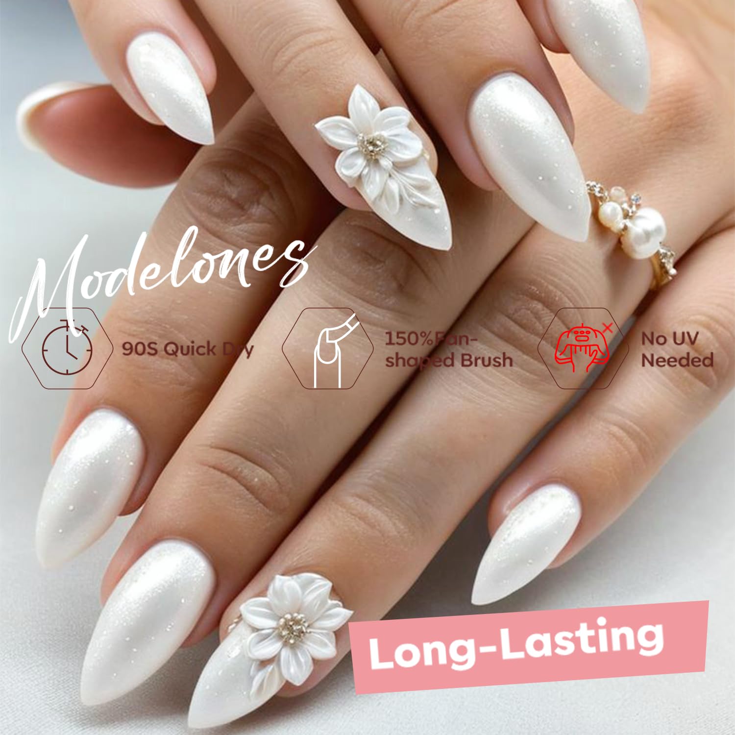 modelones Pearl White Nail Polish, Shimmer Glitter White 15 ml Quick Dry Nail Lacquer Strengthener Long Last Shine Fingernail Toe Nail Art DIY Home Travel Manicure Gift for Women Girls 0.5 Fl Oz-BrightBean Baby