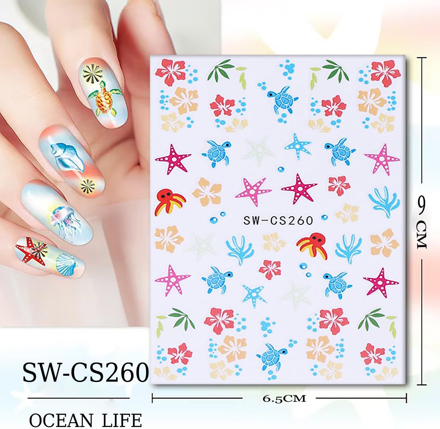 6 Sheets Marine Life Nail Art Stickers 3D Self-Adhesive Starfish Turtle Nails Sticker Flower Nail Art Decals Holographic Bow Nails Decal Decoration for Women Floral Manicure DIY Nail Supplies-BrightBean Baby