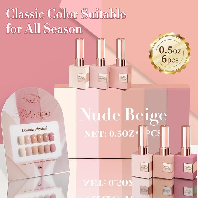 Double Rhythm 6 Pcs 15 ML Gel Polish Set Same Color Same Bottle Soak Off Gel Polish Kit Nail Art Manicure Salon DIY at Home for Women (Light Beige Nude Pink Neutral Rose-T6-4)-BrightBean Baby