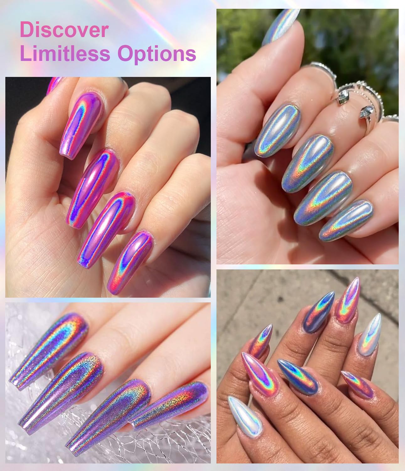 Magic Chrome Nail Powder: Iridescent Mirror Holographic Nail Powder,Metallic Pearl Effect Laser Chrome Nail Powde r for Salon Home Nai l Art DIY Design-BrightBean Baby