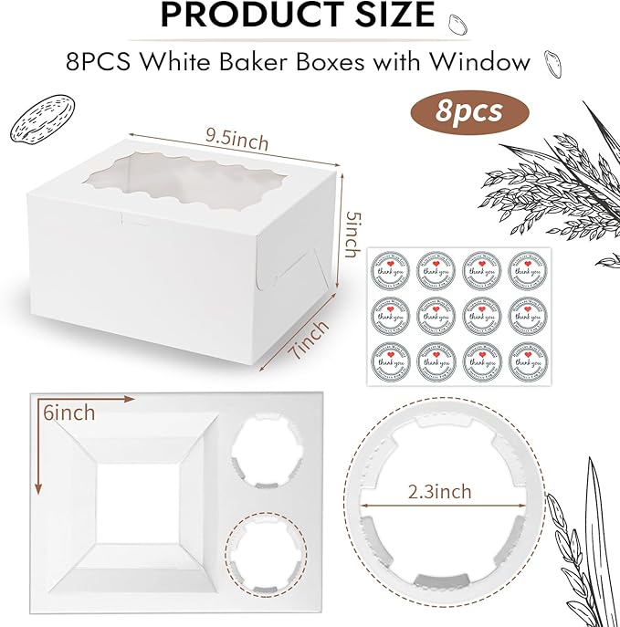 JCD 8 Packs Bento Cake and Cupcake Box 3 Holes Fit 2 Cupcakes and 1 Mini Cake Box with Clear Window and Stickers for Wedding Birthday Party Bakery Baking Supplies (1+2/8pcs)