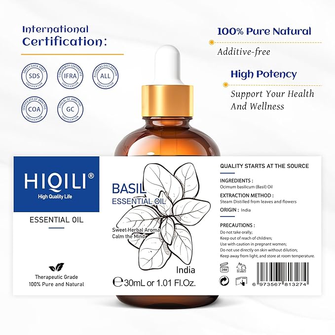 HIQILI 1 Fl Oz Basil Essential Oil, 100% Pure Undiluted for Skin, Diffuser - 30ml-BrightBean Baby