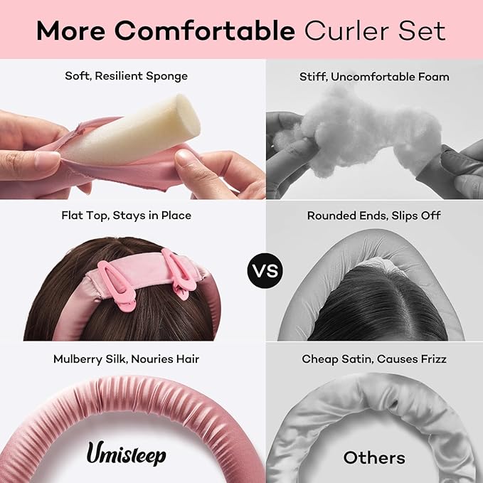 Umisleep 22 Momme 100% Mulberry Silk Heatless Hair Curler Set — Frizz-Free Hair Rollers for Women Long Hair, Overnight Heatless Curls, Upgraded Soft Flat Design with Clips & Scrunchies, Pink-BrightBean Baby
