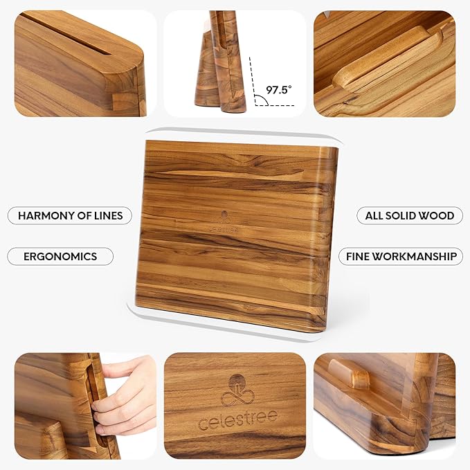 2 - in - 1 Magnetic Knife Block Holder with 16"x11" Teak Cutting Board, Crafted from Premium Natural Teak Wood,Juice Grooves, Kitchen Organizer for Home Chefs