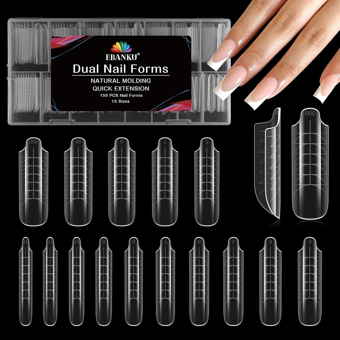 EBANKU Dual Nail Forms for Poly Extension Gel, 150 PCS Clear Square Nail Molds Reusable 15 Sizes Nail Extension Forms for Builder Gel Manicure Design Salon DIY-BrightBean Baby