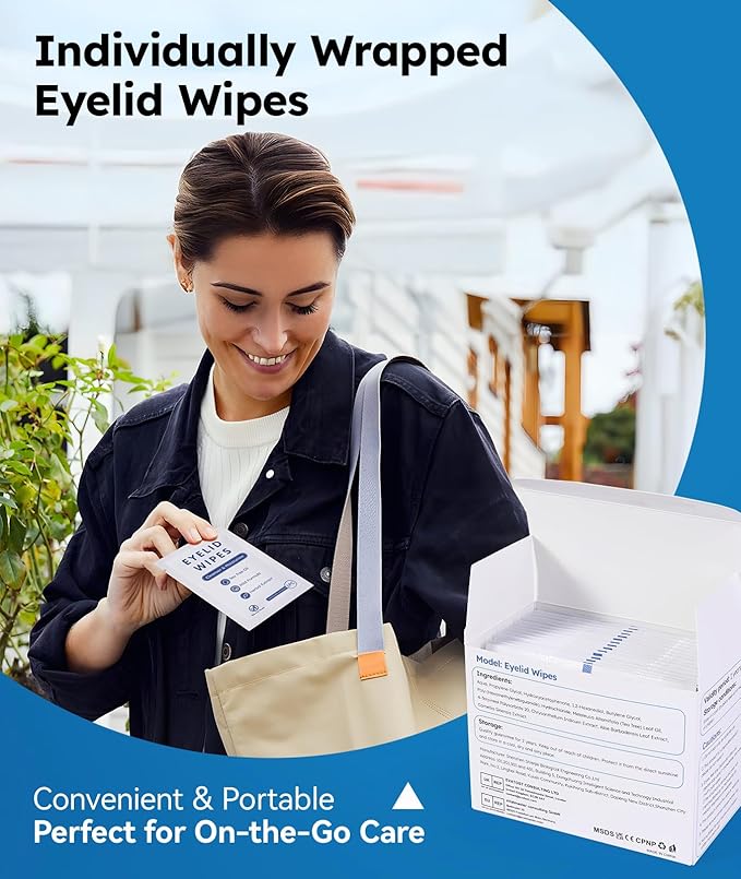 Eyelid Cleansing Wipes for Dry Eye & Blepharitis, Tea Tree Oil Hypoallergenic Eye Wipes for Sensitive Itchy Eyes, Individually Wrapped Eyelid WipesTravel Essentials (30 Count)-BrightBean Baby
