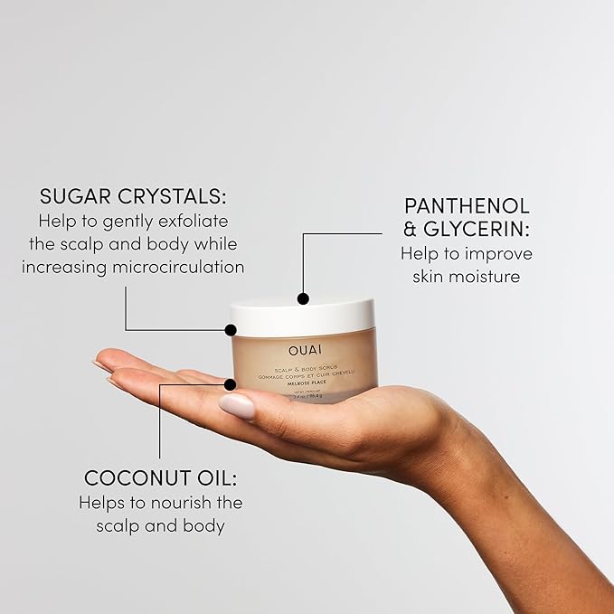 OUAI Scalp & Body Scrub Travel Size, Melrose Place - Exfoliating Body Scrub with Sugar & Coconut Oil Blend for Smooth, Moisturized Skin - Gentle for Removing Product Build Up (3.4 Oz)-BrightBean Baby