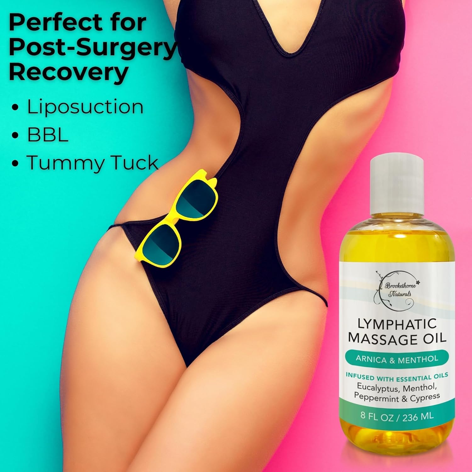 Lymphatic Drainage Massage Oil for Massage Therapy | Premium Quality, 100% Natural with Arnica Eucalyptus & Menthol | for Post Surgery Recovery & Detox | 8oz by Brookethorne Naturals-BrightBean Baby