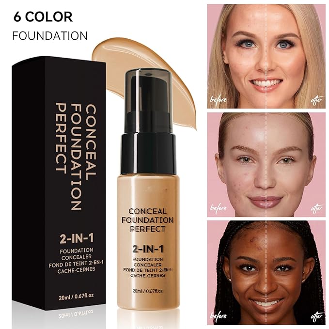6 Colors Liquid Foundation Long-Lasting,Poreless Liquid Oil Concealer Foundation For All Skin Type,Waterproof & Sweat-Proof,Easy To Push Away,Flawless Finish Foundation,Balanced Skin Color-BrightBean Baby