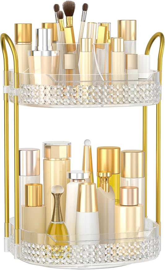 360 Rotating Makeup Organizer 2 Tier, Large Skincare Clear Make Up Storage Spinning Perfume Organizers for Bathroom Counter Dresser, White-BrightBean Baby