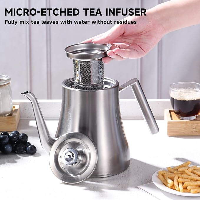 68OZ/2000ML Stainless Steel Teapot with Removable Infuser, Stovetop Safe Tea Maker Water Kettle for Loose Leaf & Tea Bags, Silver