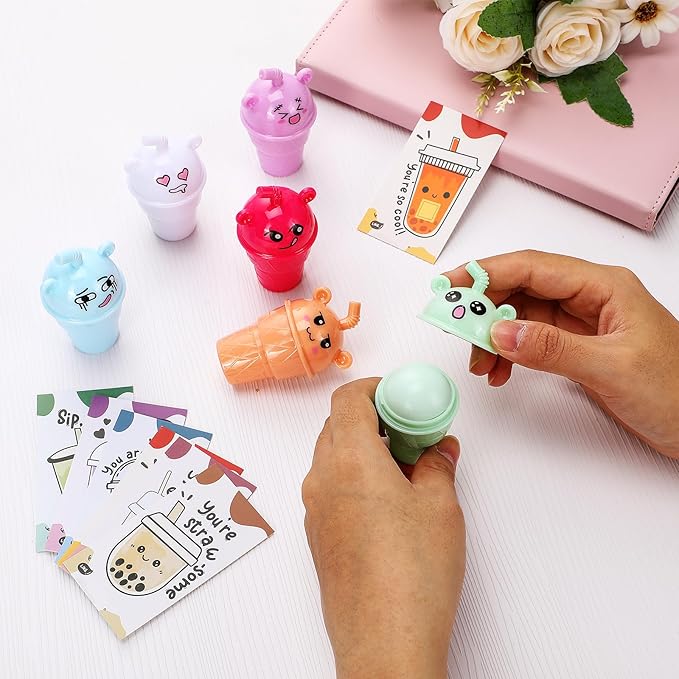 24 Sets Milk Tea Shaped Cute Lip Balm Fruit Flavored Lip Balm with Milk Tea Theme Gift Cards Milk Tea Boba Lover Birthday Baby Shower Party Inspirational Gifts Favors for Girls Kids Women-BrightBean Baby