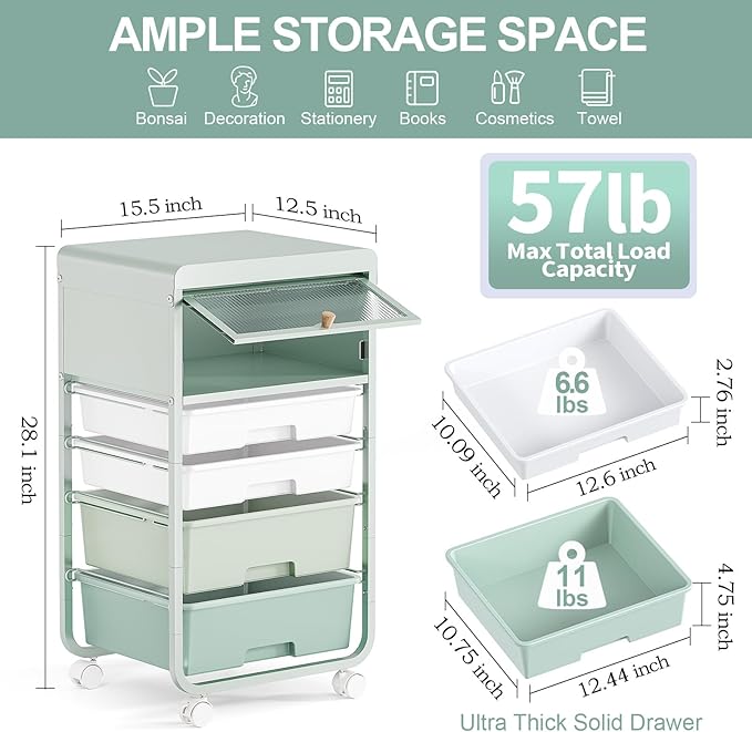 Utility-Rolling-Storage-Drawer-Craft-Cart-Organizers with 4 Drawers & Dust-proof Door for Kid Craft Art Room,Bedroom,Home Office, 4 Tiers Drawer cart, Green-BrightBean Baby