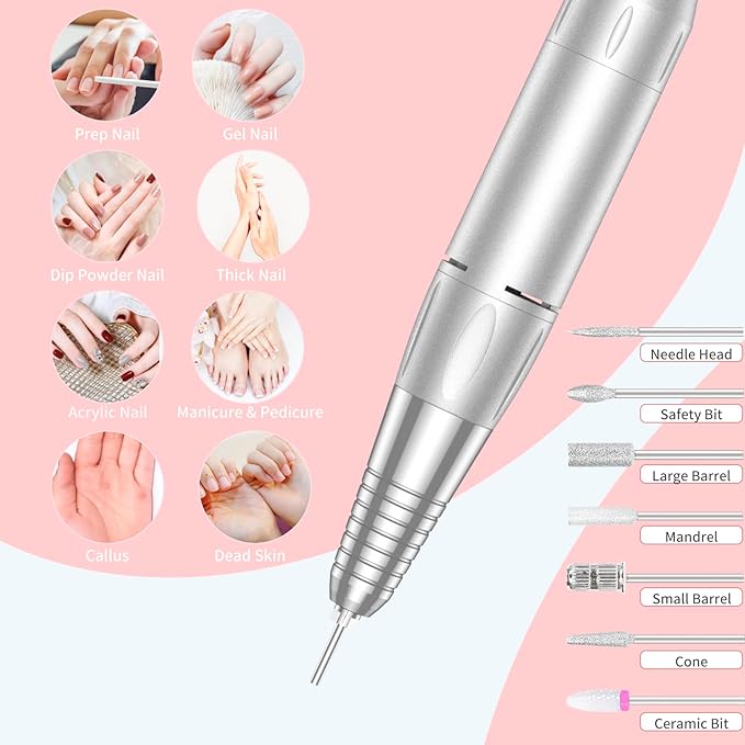 Portable Nail Drill Professional 35000 RPM, MOCOWIND Rechargeable Electric Nail File Machine E File for Acrylic Gel Polishing Removing, Cordless E-File with Bits Kit for Manicure Salon Home,Pink-BrightBean Baby
