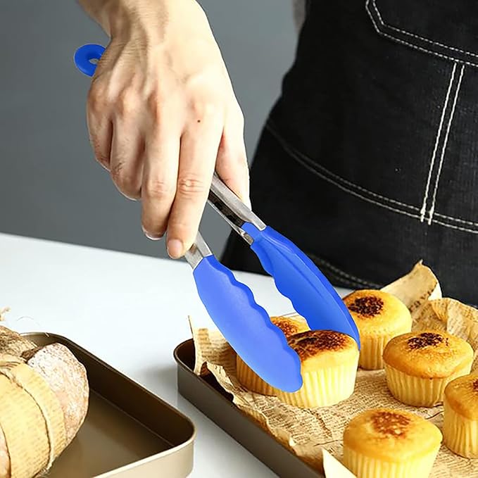 Small Tongs with Silicone Tips 7-Inch Serving Tongs, Set of 3 (Blue)