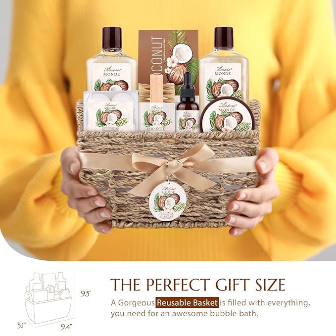 Bath & Shower Spa Basket Gift Set, Coconut Scent, with Shower Gel, Bubble Bath,Body Lotion, Bath Bomb,Bath Salt, Bath and Body Gift Box for Women-BrightBean Baby