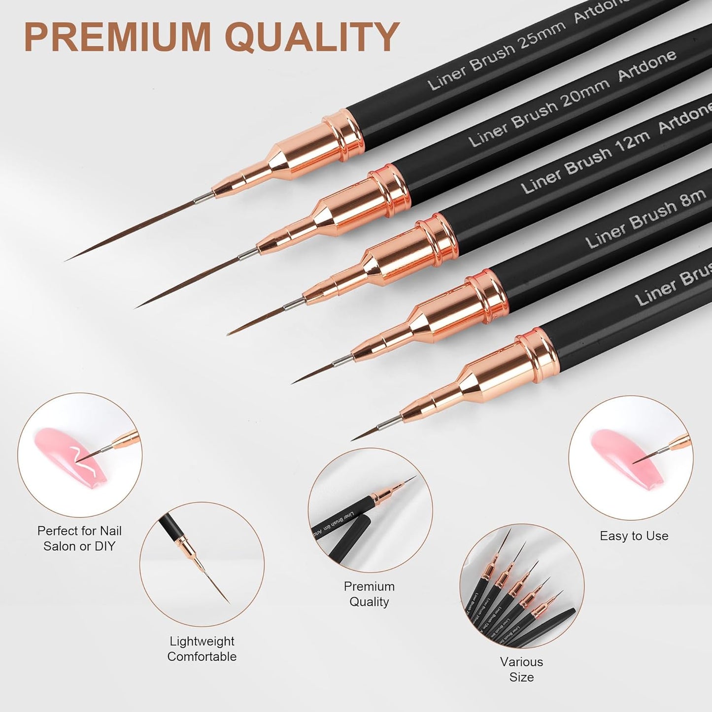 Artdone Metallic Nail Art Pens, Liner Brushes Set, 5PCS Black Color Nail Tools For Long Lines, Thin Details, Fine Drawing, Liner Brush UV Gel Polish Painting Nail Design Sizes 5/8/12/20/25mm-BrightBean Baby