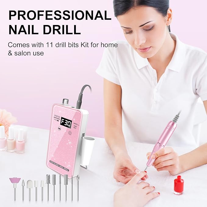 Professional Electric Nail Drill File:COSYGLOW Glitter Portable Cordless E-File Nail Drill Kit with 11 Drill Bits,30000 RPM Rechargeable Nail Drills Machine for Acrylic Nails Gel Polishing (Pink)-BrightBean Baby