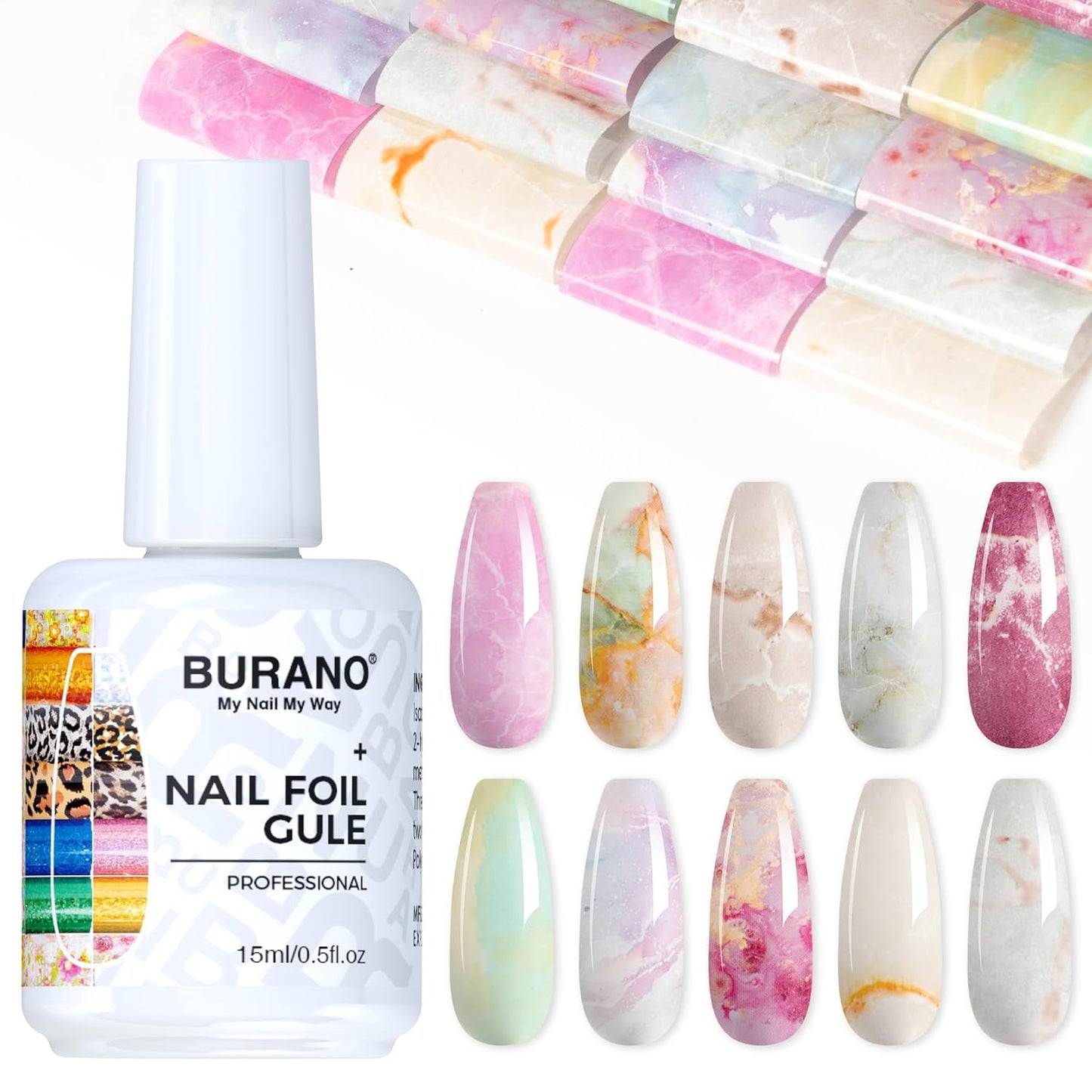 BURANO Nail Art Nail Foil Glue Gel, o.5 oz with 10PCS Foil Stickers Set Nail Foil Glue for Nails Foil Transfer Gel, Nail Design Home DIY UV LED Lamp Required (Marble Glitter) 22-BrightBean Baby