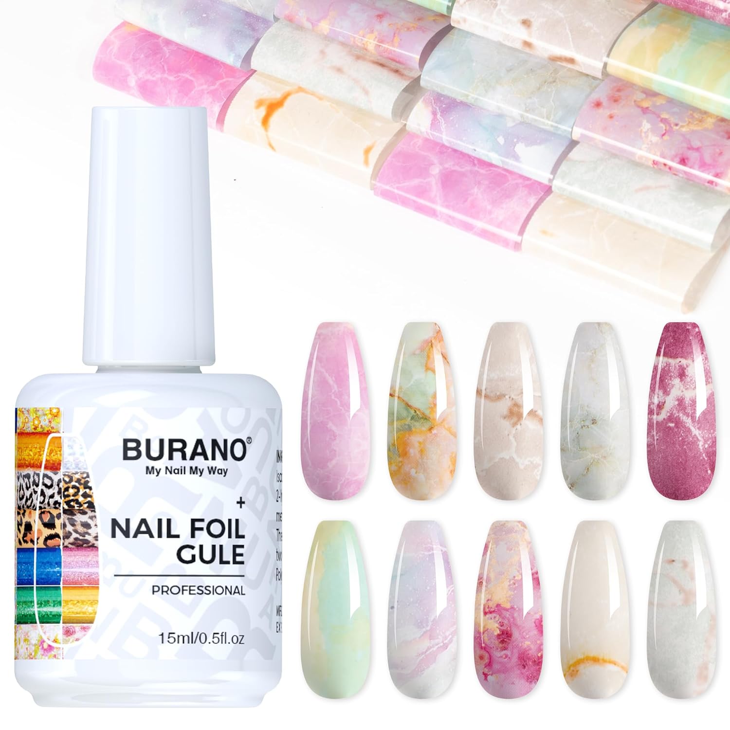 BURANO Nail Art Nail Foil Glue Gel, o.5 oz with 10PCS Foil Stickers Set Nail Foil Glue for Nails Foil Transfer Gel, Nail Design Home DIY UV LED Lamp Required (Marble Glitter) 22-BrightBean Baby
