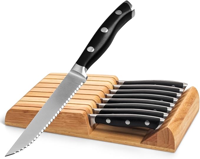 Alata 8-Piece Steak Knives Set with Block, 4.7 Inch with Serrated Edge Razor-Sharp Dinner Knives, Full-Tang Construction, Dishwasher Safe
