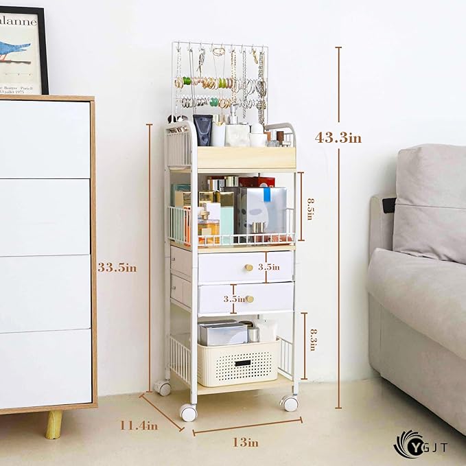 YGJT Makeup Organizer, Floor Skincare Cosmetics Organizer with Drawers, Jewelry Organizers and Storage for Earring Necklace, Vanity Organizer for Skin Care Perfume Makeup Brush Nail Polish Hair Tool-BrightBean Baby