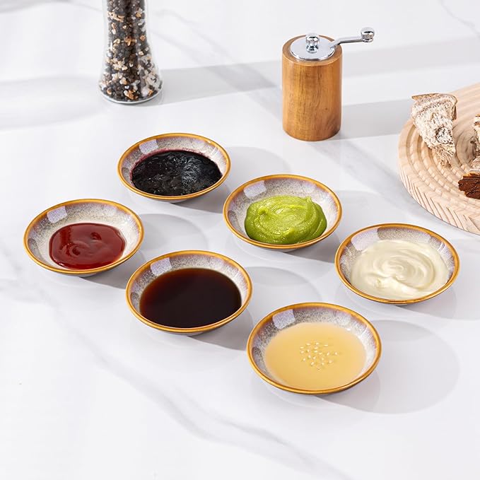 LERATIO Ceramic Soy Sauce Dishes of 6, Reactive Glaze Dipping Sauce Cups/Bowls for Kitchen, 3oz Small Bowls for Side Dishes, Snacks, Sushi, Condiment, Dishwasher Safe - Khaki