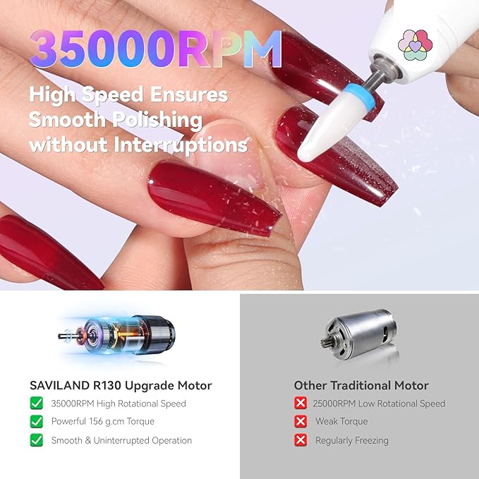 SAVILAND Advanced Cordless Electric Nail Drill: 10S Fast Removal 35000 RPM High Speed Nail File Kit for Acrylic Nail Tool Professional Rainbow Light LED Display Pro Manicure Kit Salon Travel Nail Tech-BrightBean Baby