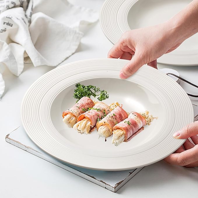 JUAN & JASMIN 24 oz Soup Bowl Set, 9.5 inch, Ribbed Rim Design, 2-Piece, Deep Dish Plate- Ideal Serving for Soup, Pasta, Dessert and Salad, Microwave & Dishwasher Safe