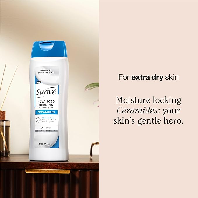 Suave+ Advanced Healing Hand & Body Lotion for Women With Ceramides for Very Dry Skin, Hydrating, Non-Greasy, Allergen-Free Moisturizing Cream, Lightly Scented, 18 FL OZ, 6 Pack-BrightBean Baby