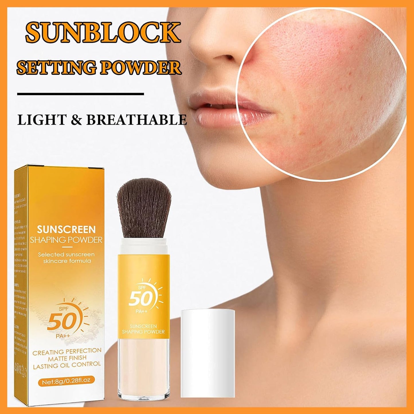 Sunscreen Setting Powder,Brush Setting Makeup SPF 50 PA++ for All Skin,Moisturizing & Lightweight Loose Face Powder with Sunscreen Brush,Soft Matte Finish Long Lasting Oil Control Make up-BrightBean Baby