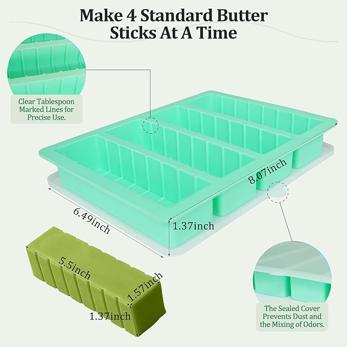 2Pack Butter Silicone Mold Tray with Lid, Non-Stick Butter Mold Tray for Homemade Butter Fits Standard Butter Stick Size, Ideal for Soap Bar, Energy Bar, Cake, Chocolate
